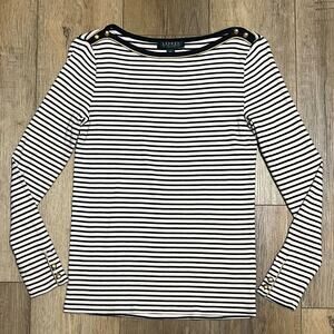 Lauren Ralph Lauren Striped Knit Nautical Sweater Gold Button Detail Sz M/P